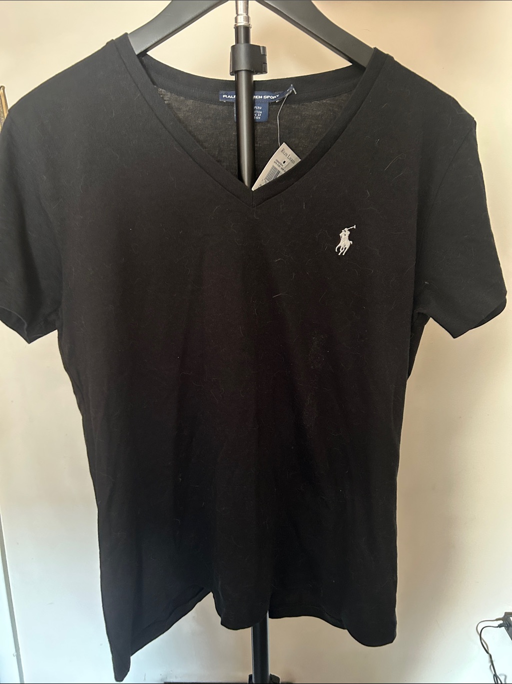 Polo By Ralph Lauren Black V-Neck Tee With White Pony Logo